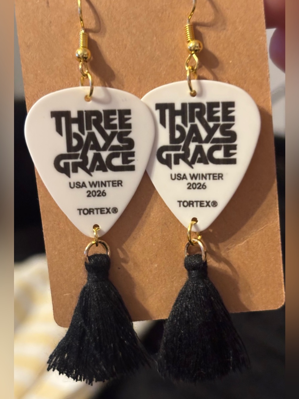 Hand Crafted WhiteThree Days Grace Guitar Pick Earrings with Black Tassels.